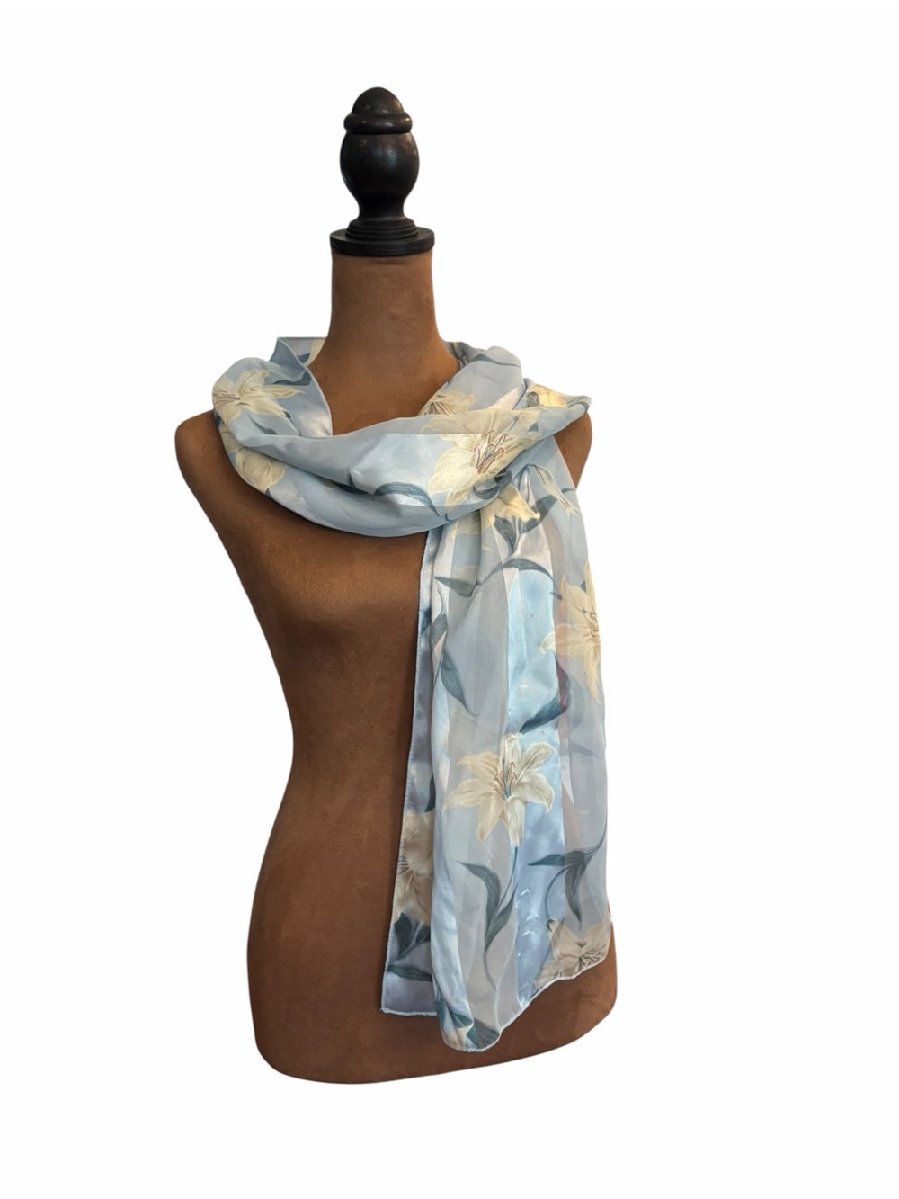 Long Scarf Blue Satin Striped White Lily Flowers 62” Sheer Wedding Small Hole